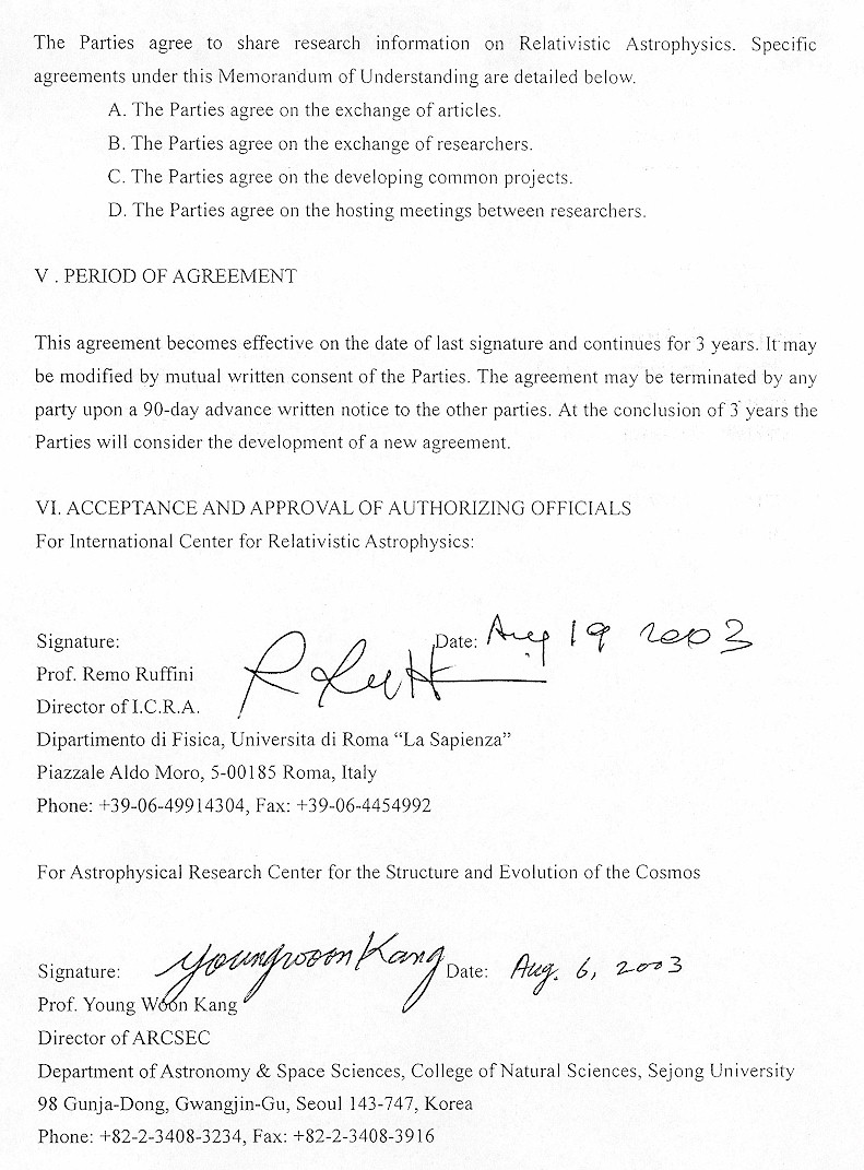 Astrophysical Research Center for the Structure and Evolution of the Cosmos (ARCSEC, Sejong University, Korea) agreement 2
