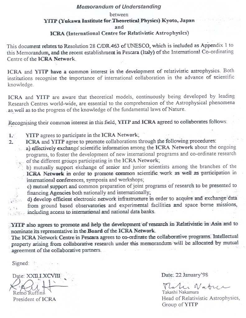 Yukawa Institute for Theoretical Physics (YITP, Japan) agreement 1